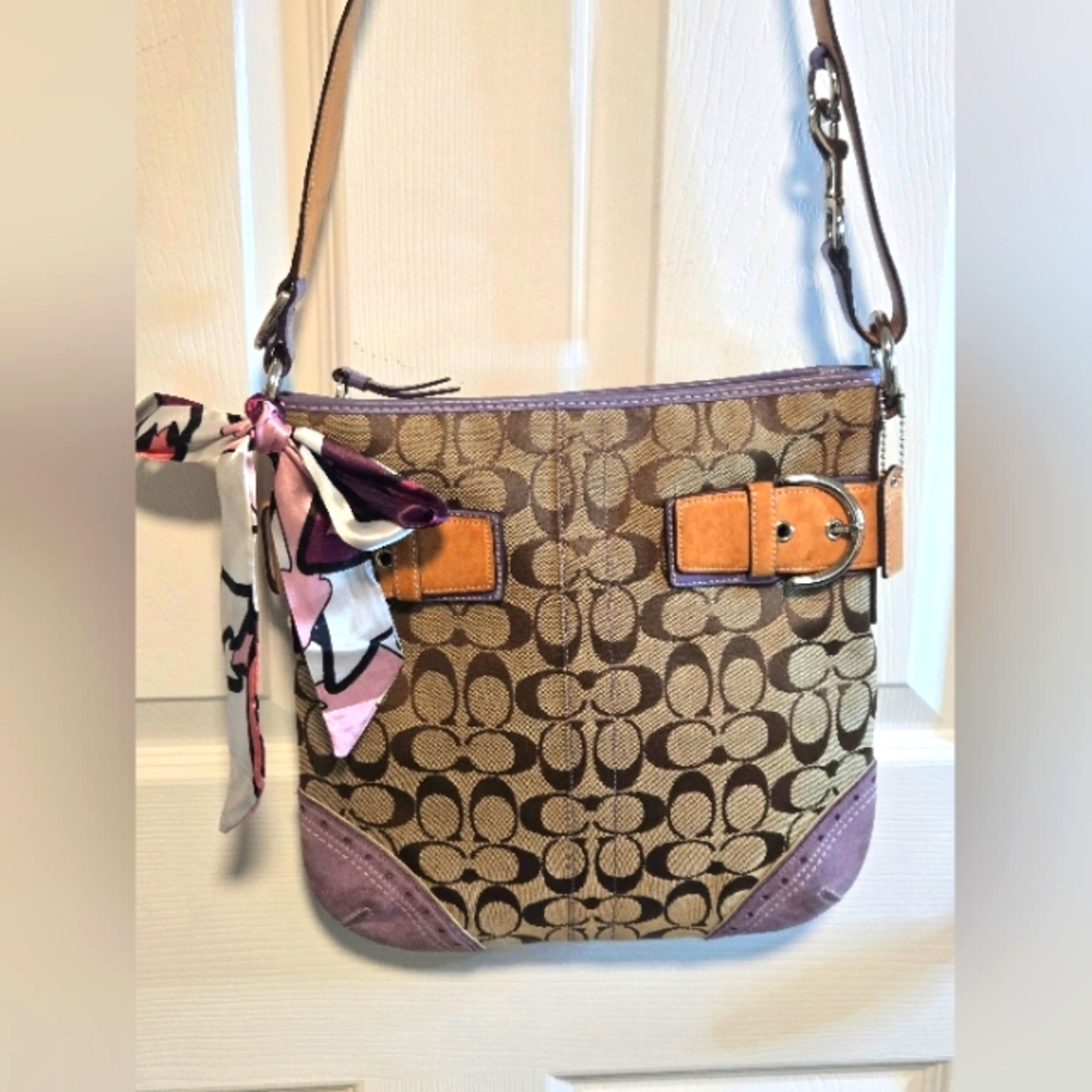 Coach Y2K Canvas With Purple Suede Corners & Leather Trim/adjustable Strap